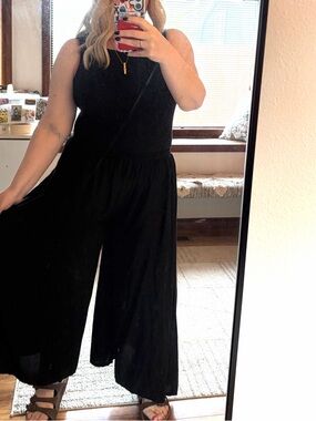 Black extra Wide-Leg 100% rayon pants elastic waist pull on boho batik sz L